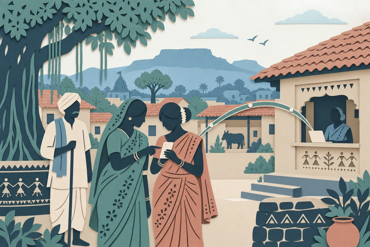Paper-cut illustration of women using a smartphone together in a Maharashtra village courtyard, surrounded by tiled homes and a banyan tree.