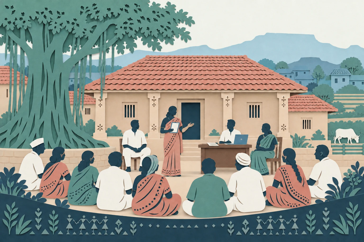 Maharashtra-inspired paper-cut art of a village community meeting outside a Panchayat veranda, with a tablet supporting local administration.