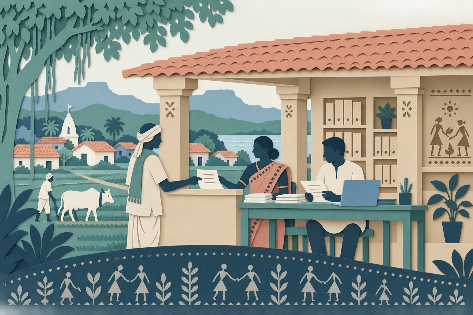 Paper-cut village illustration of local administration staff reviewing documents beside a laptop at an open, welcoming service veranda.