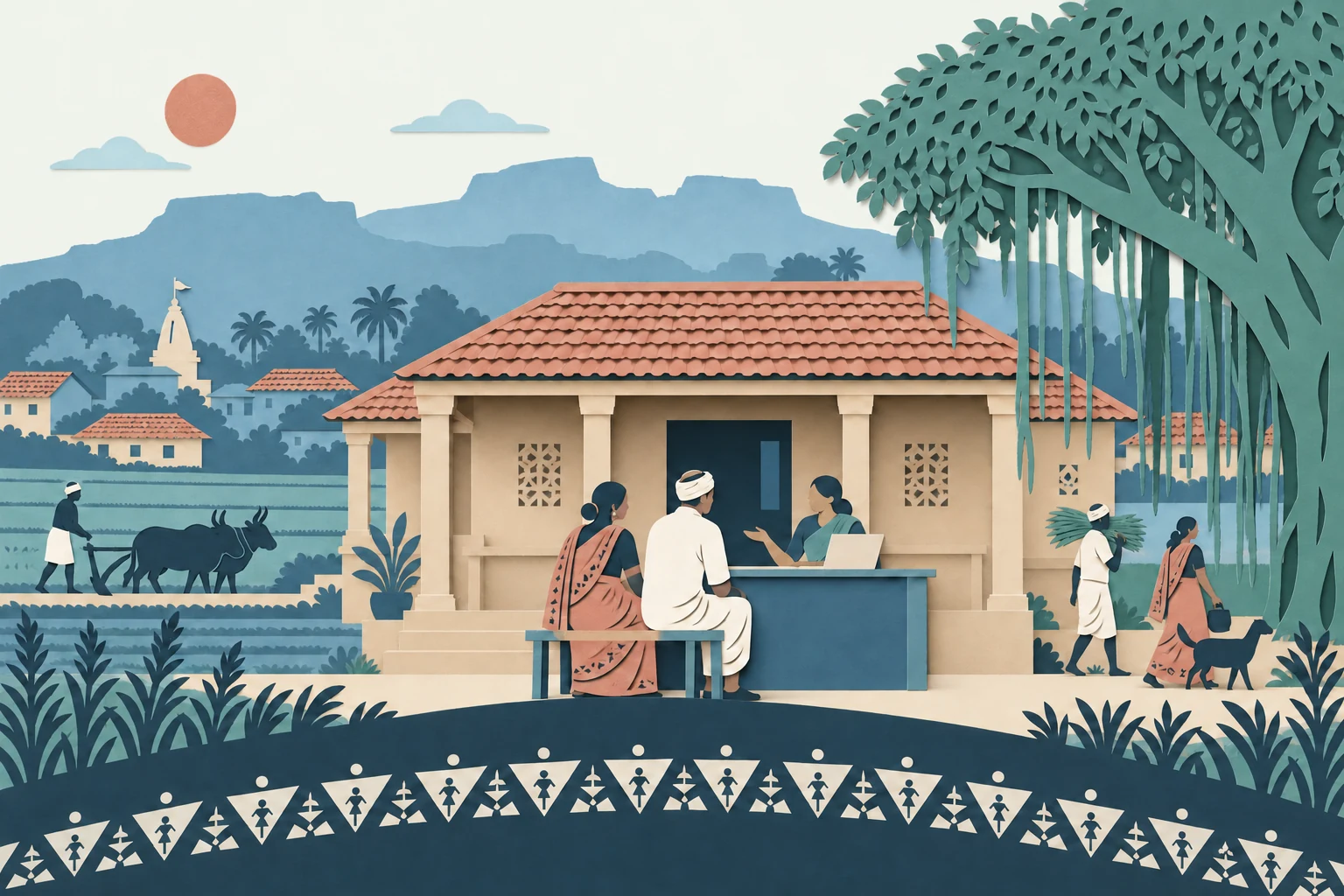 Layered paper illustration of a Maharashtra village with tiled roofs, Sahyadri hills, a banyan tree and citizens at a digital Panchayat service desk.