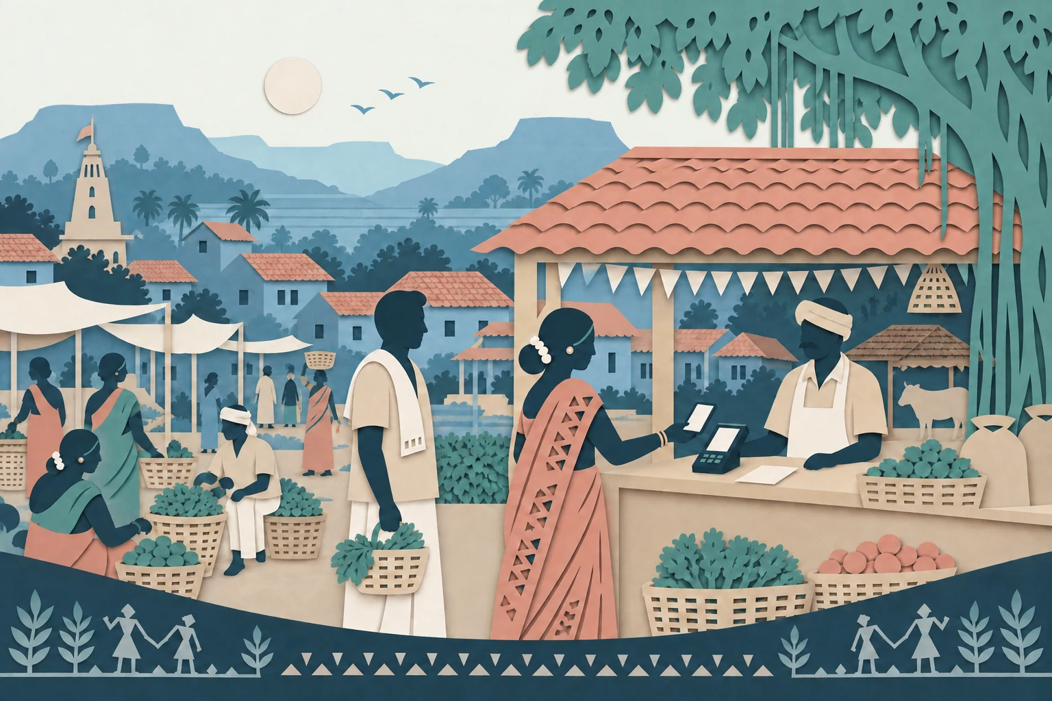 Layered paper illustration of a woman making a digital payment at a rural Maharashtra service counter, with village homes and produce baskets.