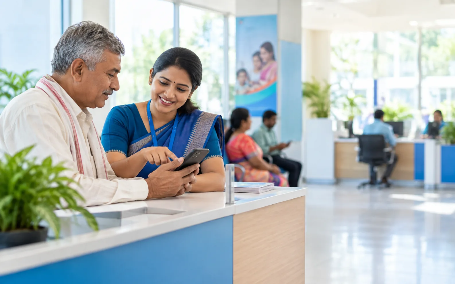 A service-centre counter where a staff member shows a citizen something on a smartphone, with other visitors waiting nearby.