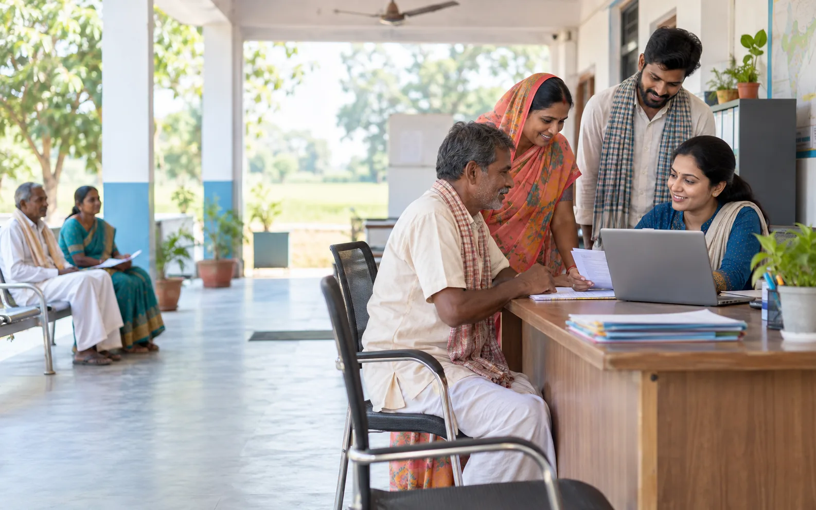 A village Panchayat service desk on an open veranda: an operator works at a laptop while residents review documents together, with fields visible beyond.