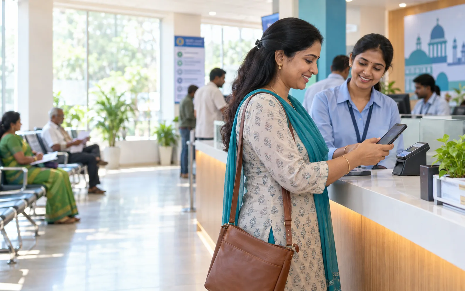 A citizen completing a payment on her phone at a service counter while a staff member holds a card terminal.