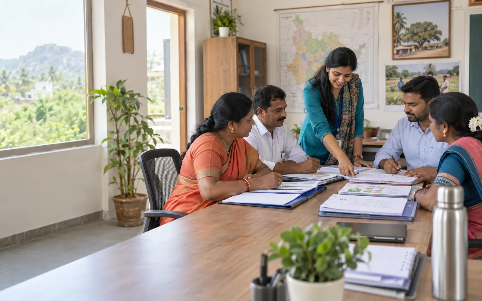Staff reviewing ring-bound process documentation around a meeting table, with a wall map and a rural view through the window.