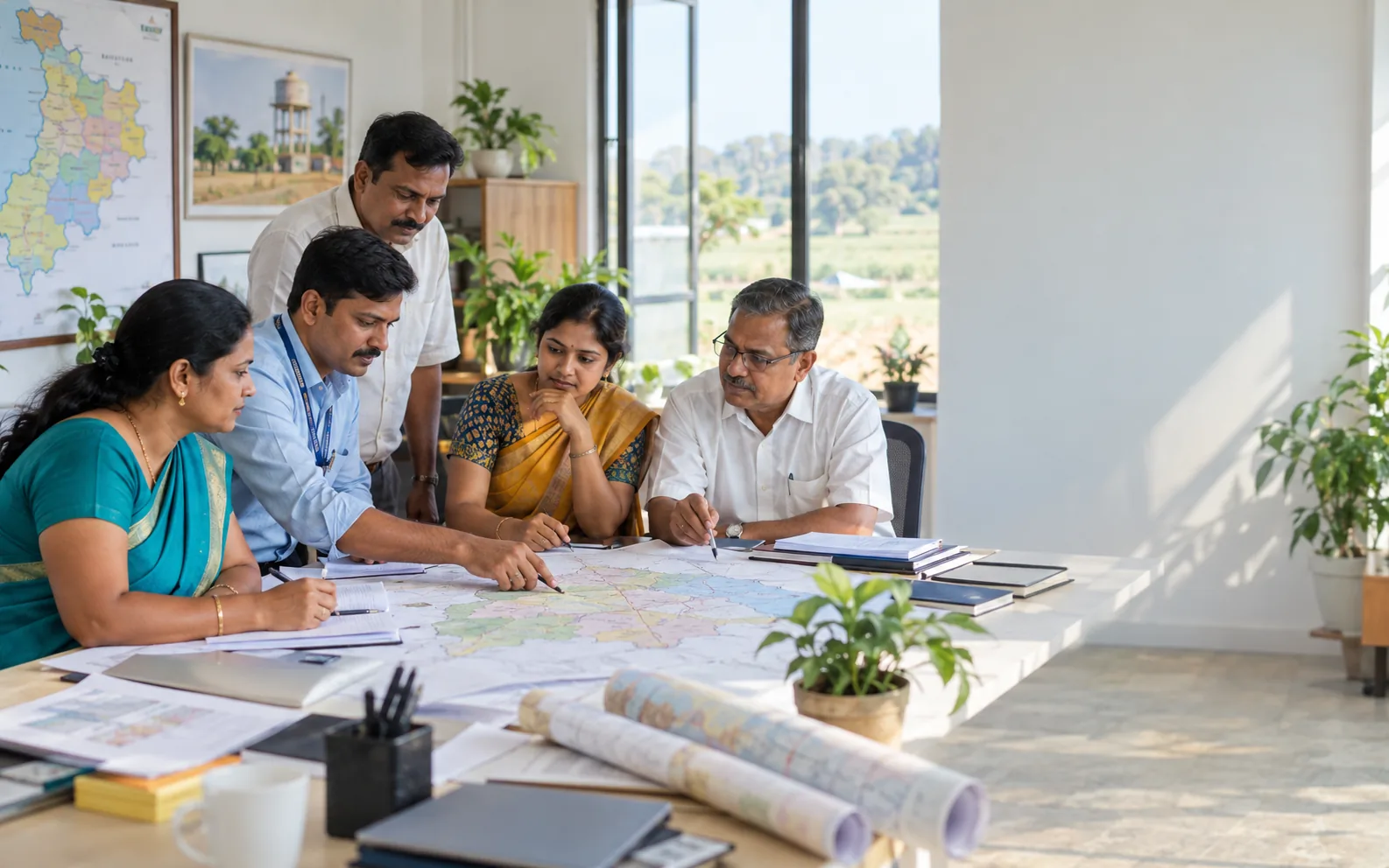 Administrative staff gathered around a table spread with district maps and rolled plans in a bright office overlooking rural land.